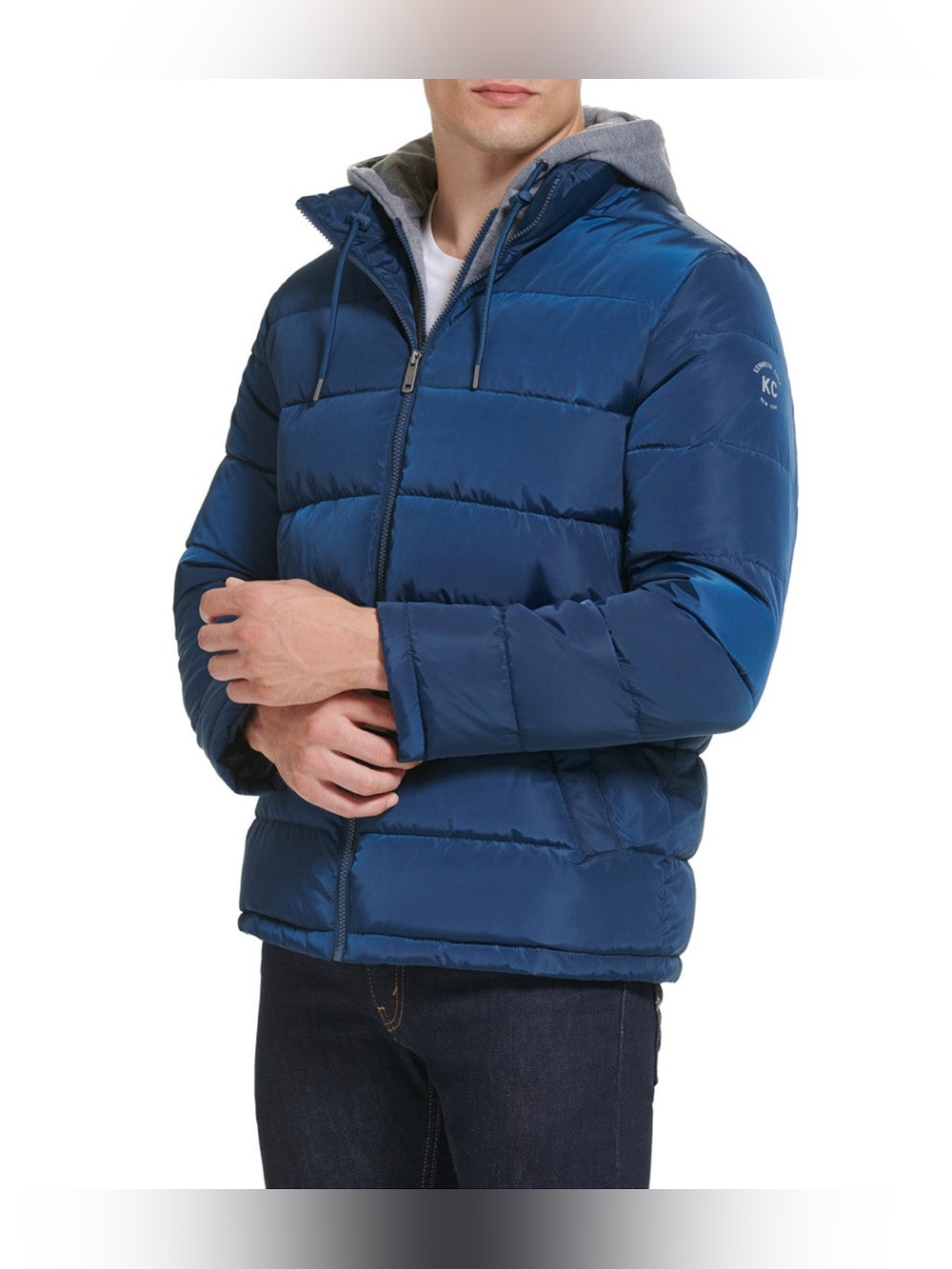 NEW Kenneth Cole Blue Puffer Jacket Gray Hood Zip Closure Quilted Size L